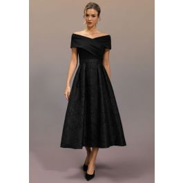 Cross Off-Shoulder Rose Embossed Jacquard Dress in Black for Gala Dinners & Wedding Guest Looks | Chicwish
