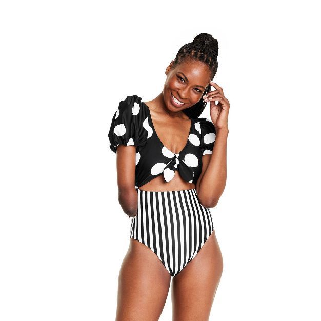 Women's Striped/Dot Print Puff Sleeve Tie-Front One Piece Swimsuit - Tabitha Brown for Target Bla... | Target