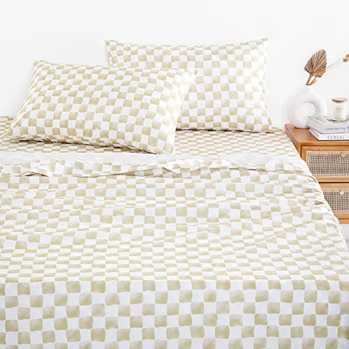 Wake In Cloud - Gingham Sheet Set, 4-Piece Sheet Set, Checkered Grid Plaid Checkerboard Geometric Preppy Hand Drawn Pattern Printed Bedding, Deep Pocket, Beige White, Queen Size | Amazon (US)
