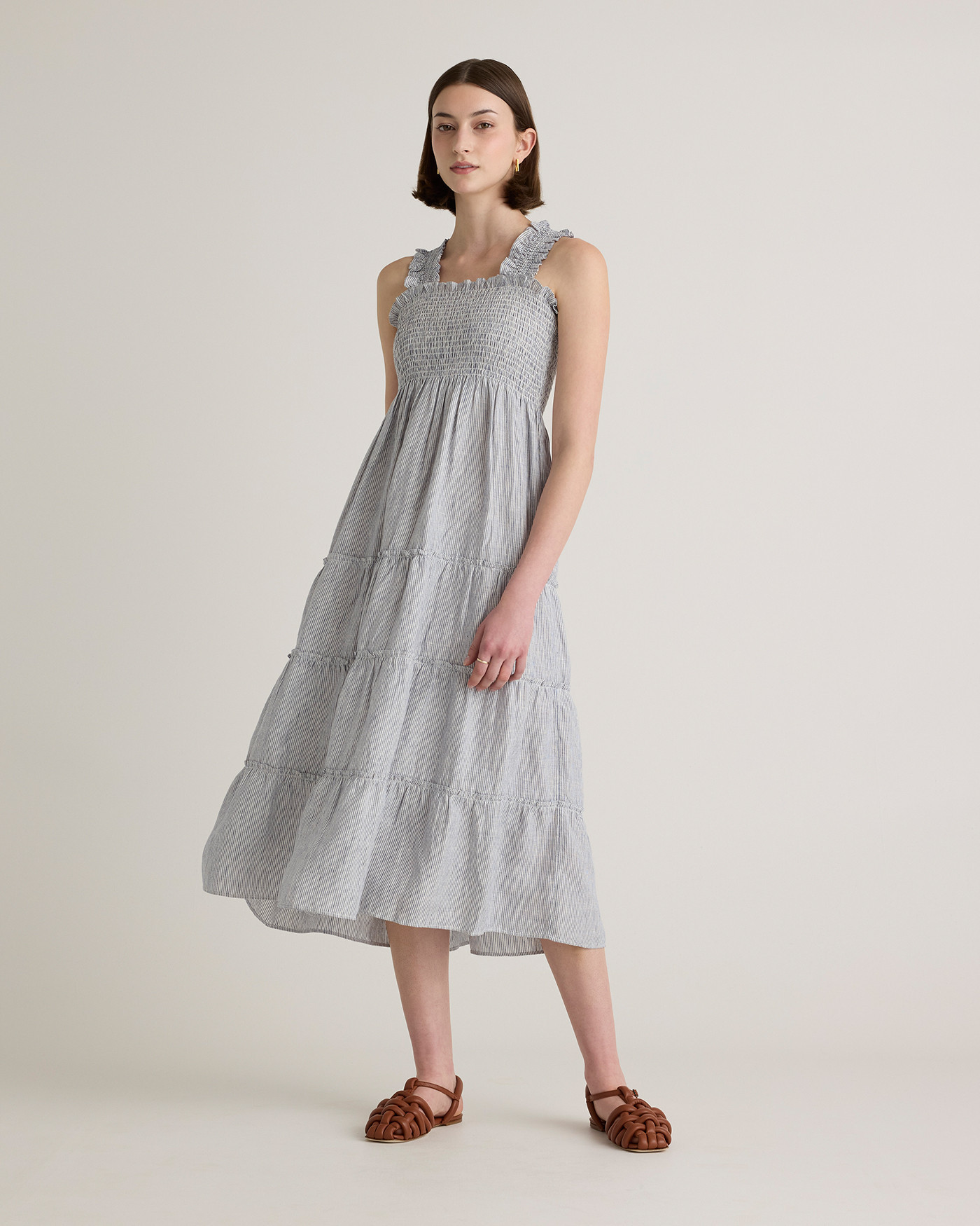 Quince | Women's 100% European Linen Smocked Midi Dress in Blue Pinstripe, Size XS | Quince