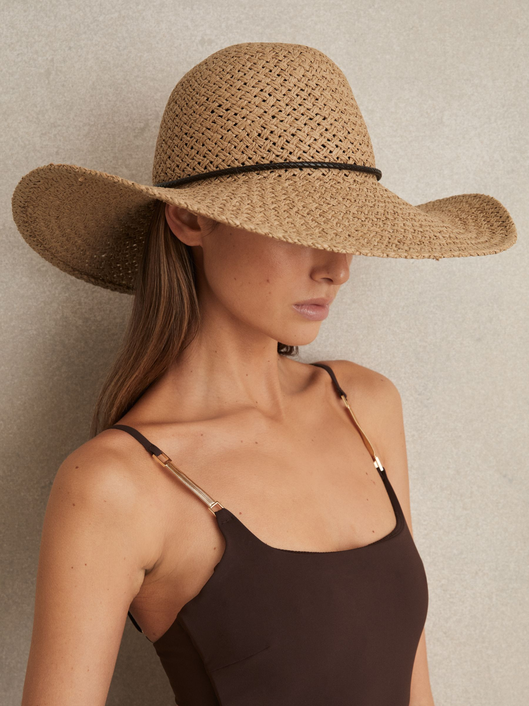 Woven Wide Brim Straw Hat in Natural | Reiss UK