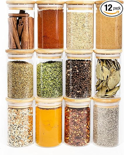 12 Natural Bamboo Spice Jars (8.5 OZ) - Large Glass Spice Jars with Bamboo Lids - Kitchen Jars wi... | Amazon (US)