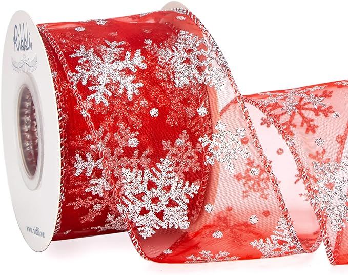 Ribbli Snowflake Glitter Wired Ribbon, Red Organza Sheer Ribbon with Silver Glitter Snowflake Pat... | Amazon (US)
