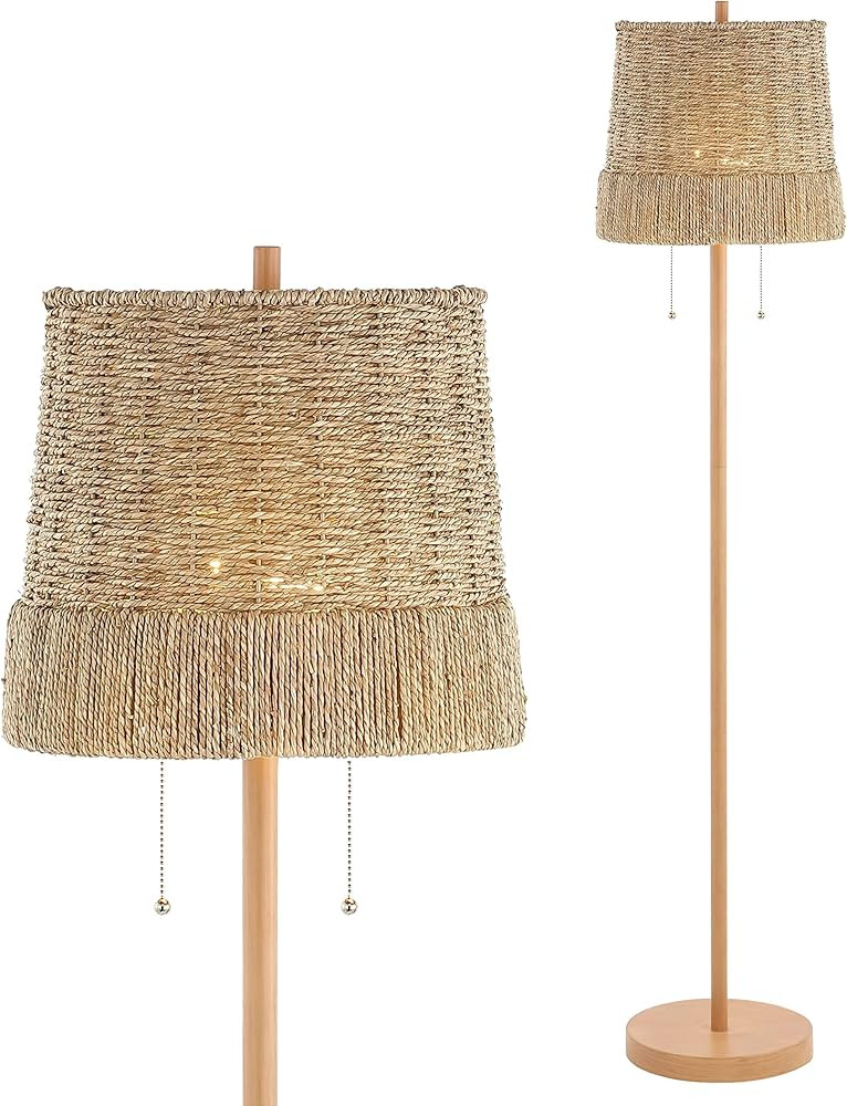 JONATHAN Y 61" Brown Wood Finish 2-Light Coastal Bohemian Iron/Rattan LED Floor Lamp, Rustic Seag... | Amazon (US)