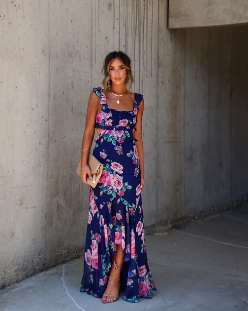 Budding Beauty Ruffle Floral Maxi Dress - Navy - SALE | VICI
