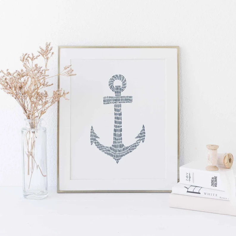 Anchor Print Coastal Wall Art Blue and White Decor Modern | Etsy | Etsy (US)