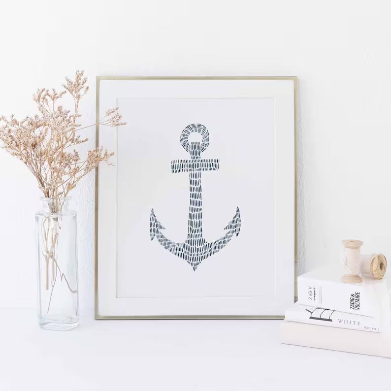 Anchor Print Coastal Wall Art Blue and White Decor Modern | Etsy | Etsy (US)