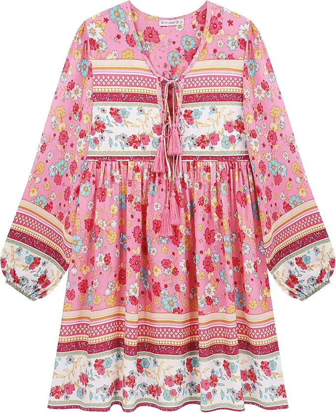 R.Vivimos Womens Long Sleeve Floral Casual Print Cotton Mini Tunic Dress | Amazon (US)