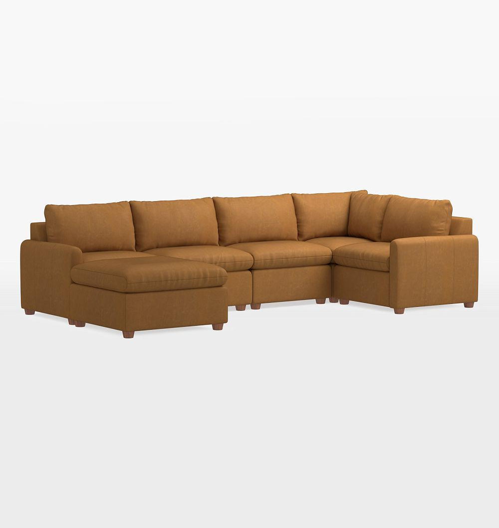 Roswell Leather 6-Piece Sectional Sofa with Ottoman, Studio - Ellis Sahara | Rejuvenation