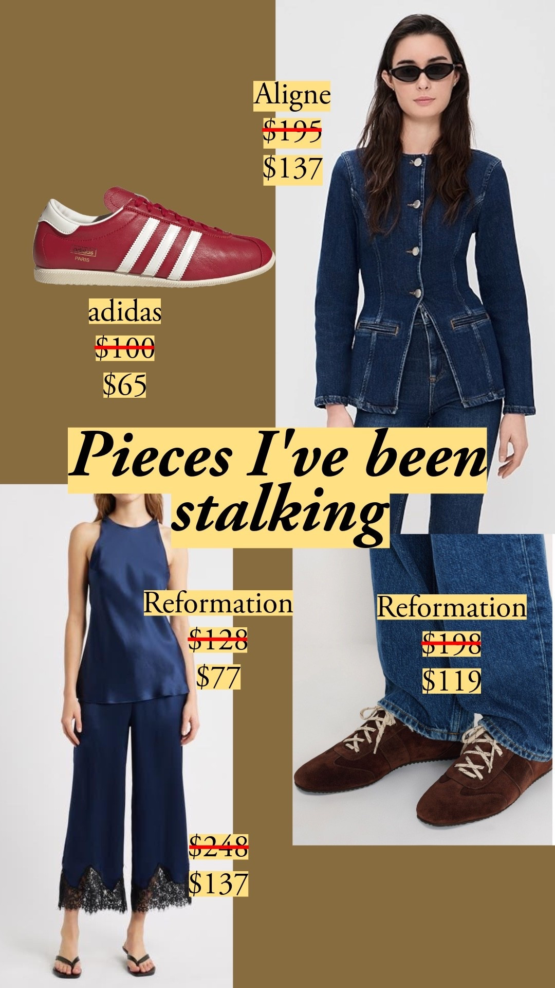 You've asked me about lace-trimmed pants, and it's a tough mission: both the fabric and the lace have rarified standards. So I was happy to find a Reformation silk set on sale. I'm also including the Aligne hourglass denim jacket that looks like mine – the seaming and peplum do the shaping, not darts alone. I wear it a lot during summer because it breathes. lace hem pants, silk lace pants, silk tank top, silk pajama set, silk set, denim blazer, hourglass denim jacket, peplum denim jacket, red leather sneakers, adidas Paris sneaker, brown suede sneakers, retro running sneakers, Reformation silk, Reformation sale, Aligne denim, summer sale finds, navy silk set, lace trim trousers, terracotta sneakers, capsule wardrobe pieces

#LTKootd