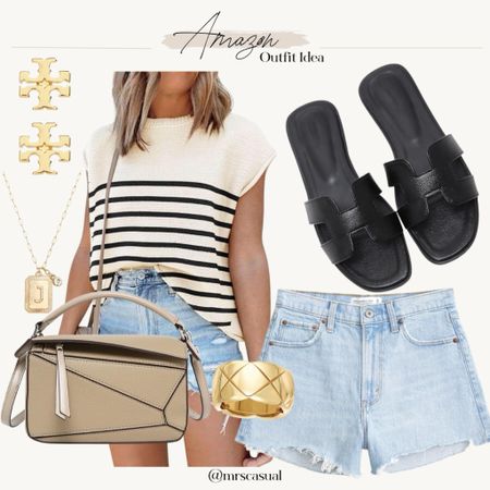 Amazon striped sweater summer outfit idea. Denim shorts. Puzzle bag 

#LTKfindsunder50 #LTKSeasonal #LTKitbag