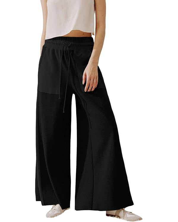 Women's Wide Leg Pants High Waisted Casual Flowy Pants Patchwork Two-Tone Color Block Drawstring ... | Amazon (US)