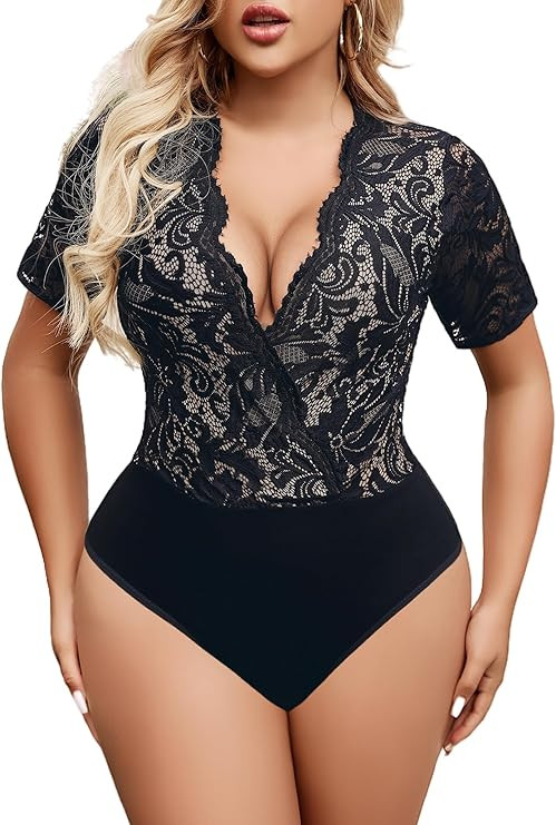 Avidlove Woman Lace Bodysuit Sexy Lingerie Top Deep V Lace Body Suit Tops Short Sleeve Lingerie B... | Amazon (US)