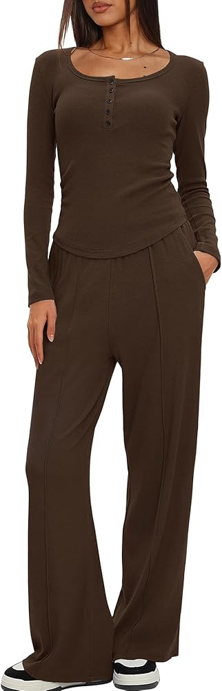 Darong Women's Fall Trendy 2 Piece Outfits Lounge Sets Long Sleeve Top Henley Shirts Wide Leg Pan... | Amazon (US)