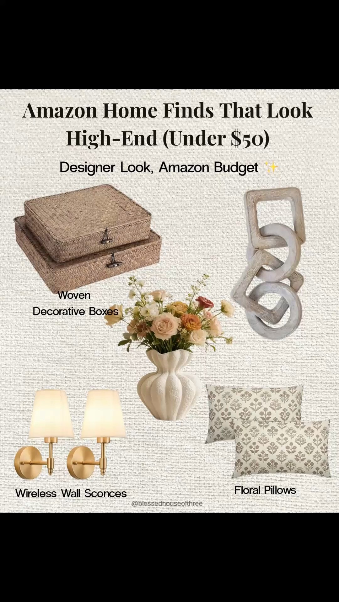 Looking for affordable Amazon home decor finds that actually look high-end and expensive? ✨ Every single designer-inspired piece in this home styling roundup is under $50!

If you love the warm minimalist, earthy aesthetic or a moody traditional home style, these budget-friendly neutral finds will instantly elevate your living room, bedroom nightstand, or entryway console table.
Trending Textures & Objects: Get the look for less with a stunning modern ribbed glass vase, realistic faux plum florals, a rustic wooden chain link object, and sculptural wooden arch table decor.
Smart Storage & Accents: Add functional elegance with a stack of scalloped marble trays (perfect for candle styling), block-print inspired neutral floral pillows, and woven decorative boxes to hide clutter beautifully.
Lighting & Accent Furniture Hacks: Transform your space with a gorgeous mid-century modern wood side table and a vintage gold-framed bird art print. Don’t miss the ultimate rental-friendly hack: brass wireless wall sconces and glass candle cloches for instant cozy home ambiance without the hardwiring!

Tap the items below to shop all the exact products directly! Everything is linked for easy browsing. 🛒👇 #AmazonHomeFinds #AffordableLuxury #LivingRoomStyling #NeutralHomeDecor #ScallopedDecor

#LTKHome #LTKSeasonal #LTKSaleAlert