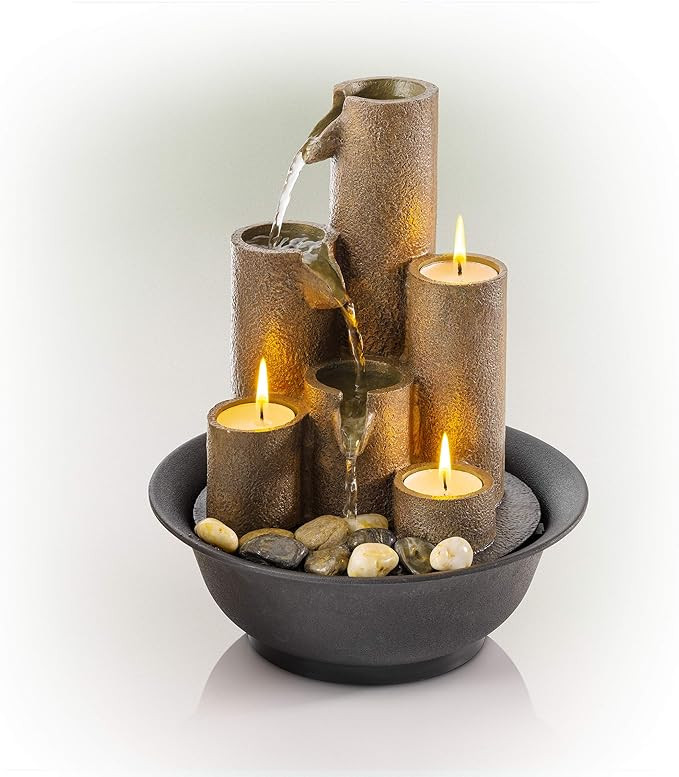 Alpine Corporation WCT202 Tiered Column Tabletop Fountain w/ 3 Candles, 11 Inch Tall, Brown | Amazon (US)