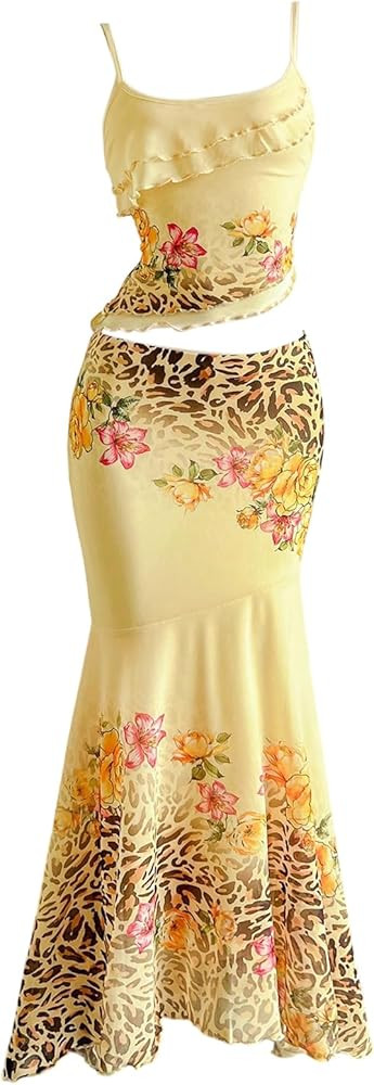 Verdusa Women's 2 Piece Floral Leopard Print Outfit Layered Ruffle Cami Top and Fishtail Maxi Ski... | Amazon (US)