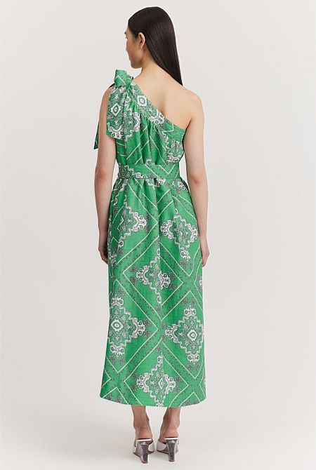 Organically Grown Linen Print Asymmetrical Midi Dress | Country Road (AU)