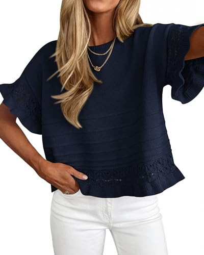 KIRUNDO Short Sleeve Sweater for Women 2026 Spring Summer Tops Crochet Round Neck Ruffled Hem Kni... | Amazon (US)
