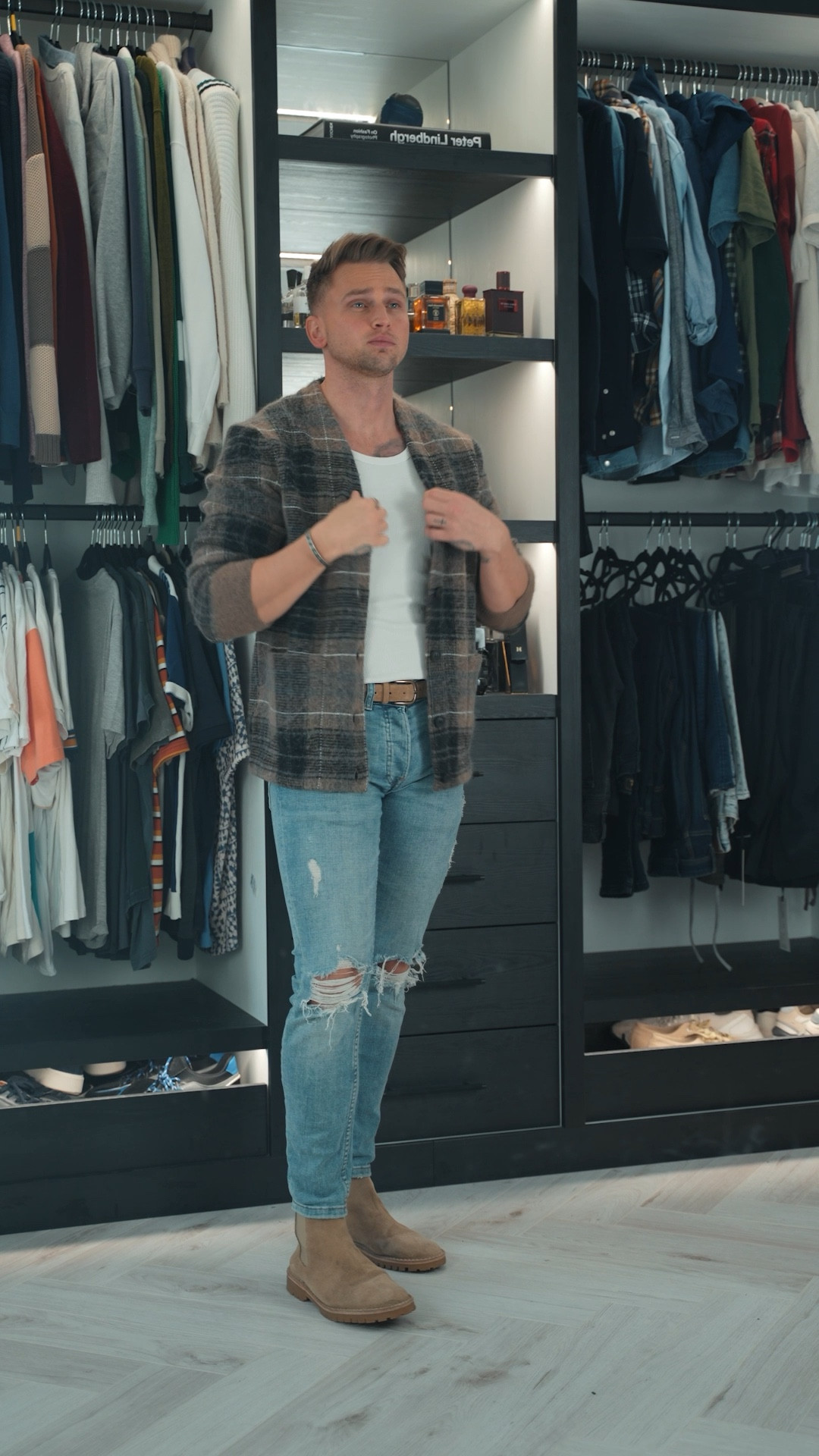 Men’s fashion, all saints, men’s cardigan,  check cardigan, autumn winter outfit, men’s winter outfit, ASOS, blue jeans, ripped knee jeans, Gucci bangle, Gucci ring, men’s designer jewellery, white vest, tan Chelsea boots 

#LTKstyletip #LTKSeasonal #LTKeurope