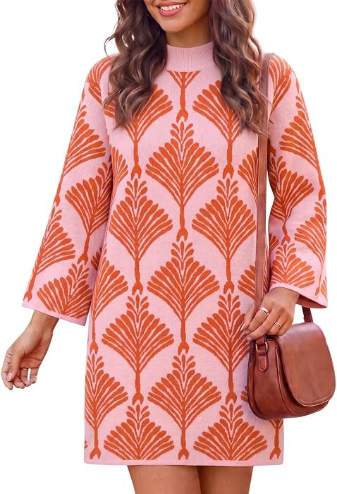 Wenrine Womens Sweater Dress Mock Neck Bell Sleeve Floral Knit Mini Dresses | Amazon (US)