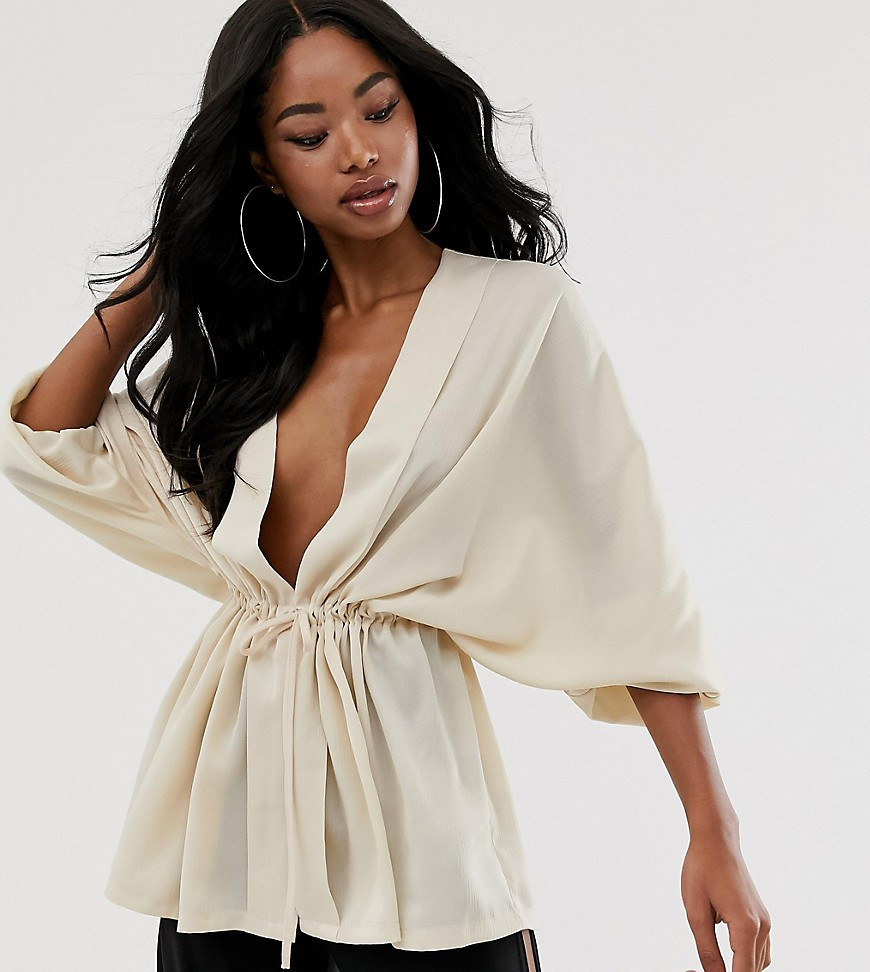 PrettyLittleThing plunge blouse with kimono sleeve in beige | ASOS (Global)