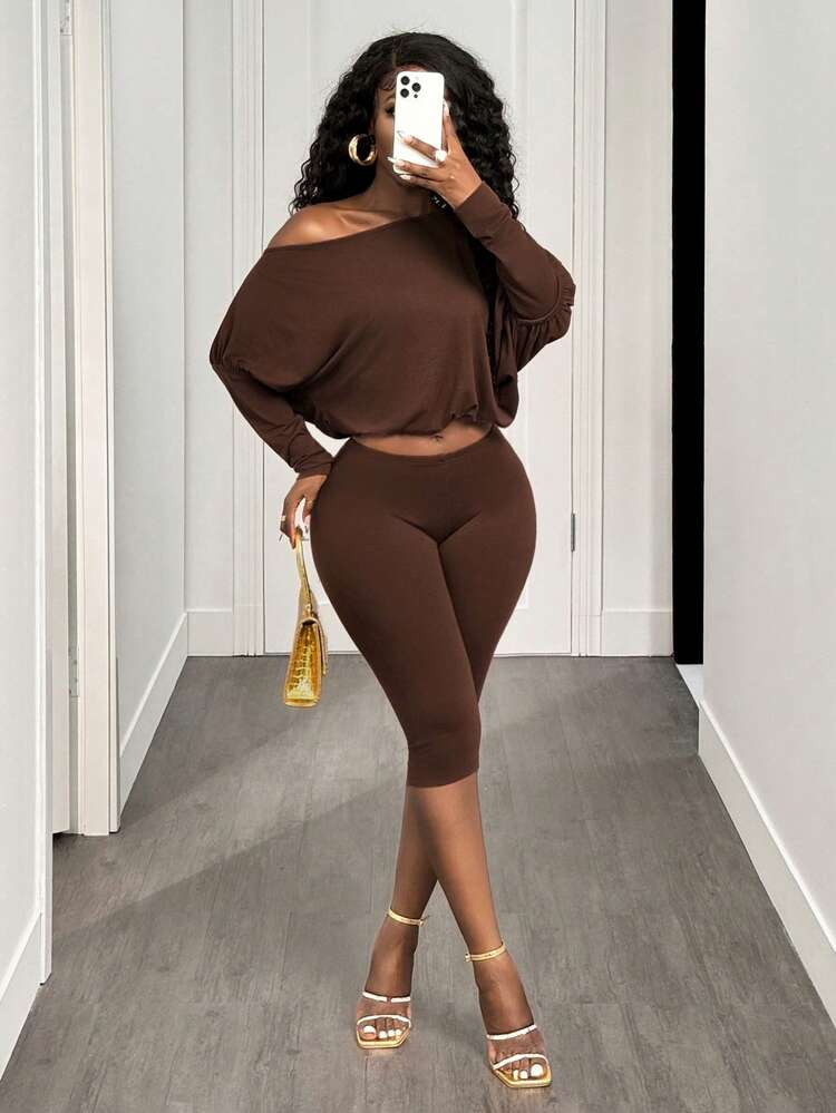 BamGleam Sexy Asymmetric-Shoulder Cinched Waist Long Sleeve Crop Top And Pants Set | SHEIN