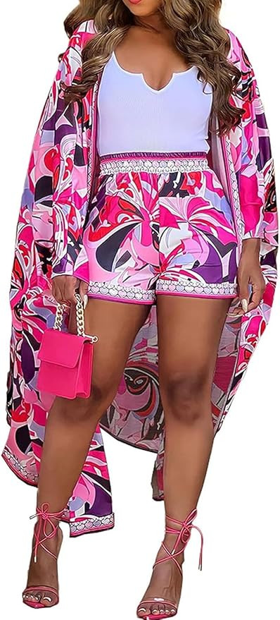 QegarTop Kimono Shorts Set for Women Two Piece Summer Vacation Outfits Flowy Beach Cover up Duste... | Amazon (US)