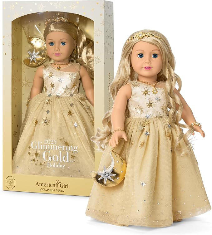 American Girl 2025 Glimmering Gold Holiday Collector Doll, with Light-Blue Eyes, Long Wavy Blonde... | Amazon (US)