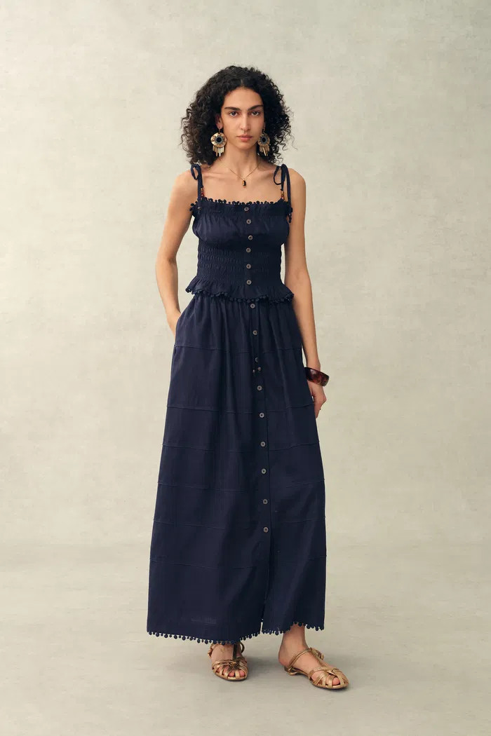 Siena Smocked Tie Front Bandeau Top and Maxi Skirt Set in Linen Blend | Fabrique