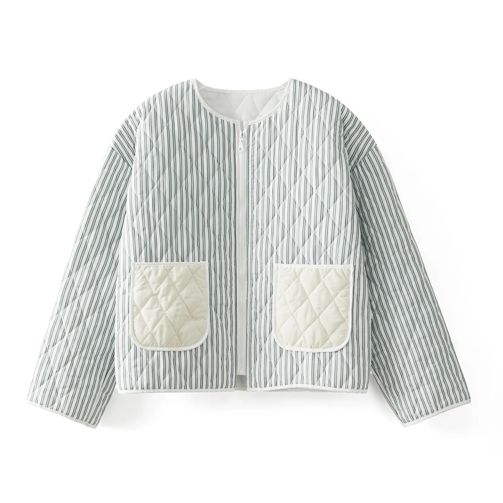 Womens Cropped Puffer Quilted Jacket Zip Up Floral/Striped Lightweight Quilted Jacket Long Sleeve... | Walmart (US)