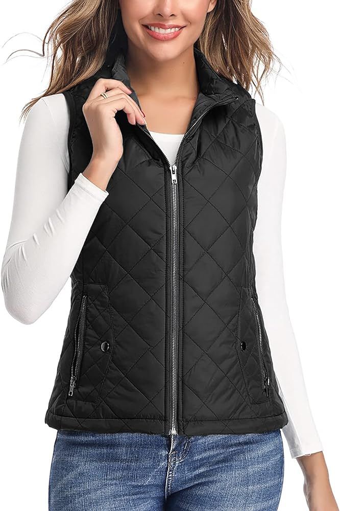Black Women's Vest, Stand Collar Lightweight Zip Quilted Vest for Women XL at Amazon Women's Coat... | Amazon (US)