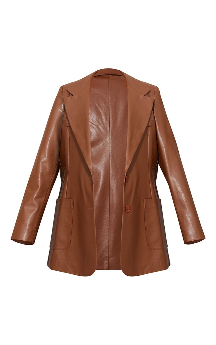 Chocolate Faux Leather Oversized Pocket Front Blazer | PrettyLittleThing US