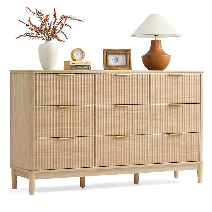 LINSY Fluted Dresser for Bedroom with 9 Drawers, Mid Century Modern Chest of Drawers with Gold Me... | Amazon (US)