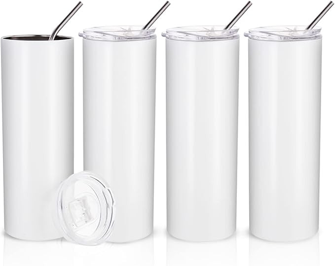 PYD Life Skinny 20 OZ Straight Stainless Steel White Tumbler with Metal Straw for Heat Press Mach... | Amazon (US)