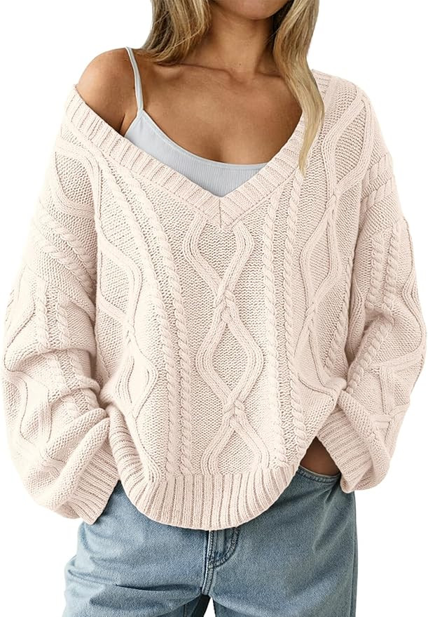 Trendy Queen Oversized Cable Knit Sweaters for Women 2025 Cozy Pullover Knit Fall Outfits V Neck ... | Amazon (US)