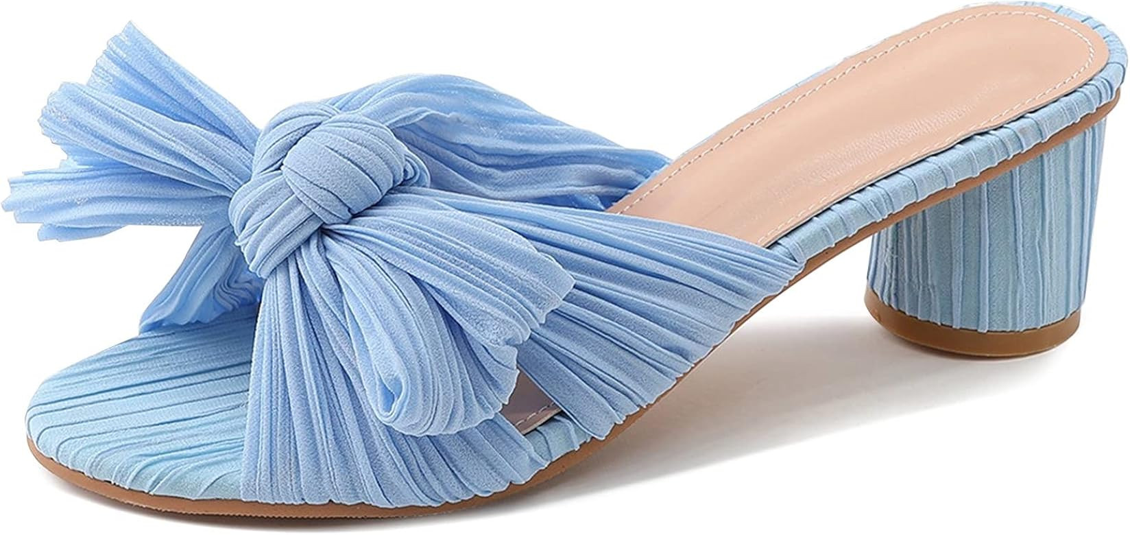 MICIFA Women's Bow Heeled Sandals Slip On Open Toe Block Chunky Heel Sandals Bride Wedding Dress Sho | Amazon (US)