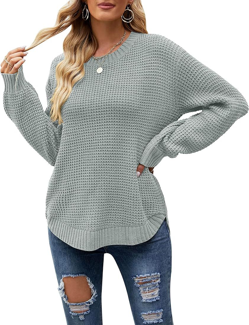 MEROKEETY Women's 2022 Casual Fall Waffle Knit Sweater Long Balloon Sleeve Loose Pullover Jumper | Amazon (US)