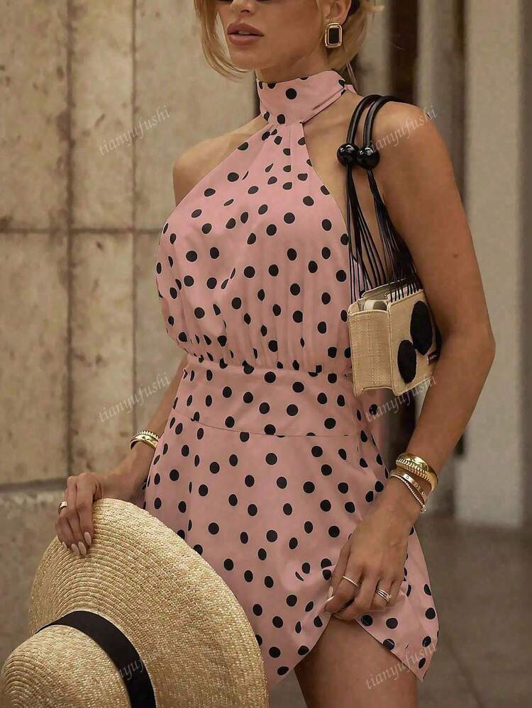 Summer Halter Tie Polka Dot Women Short Dress | SHEIN