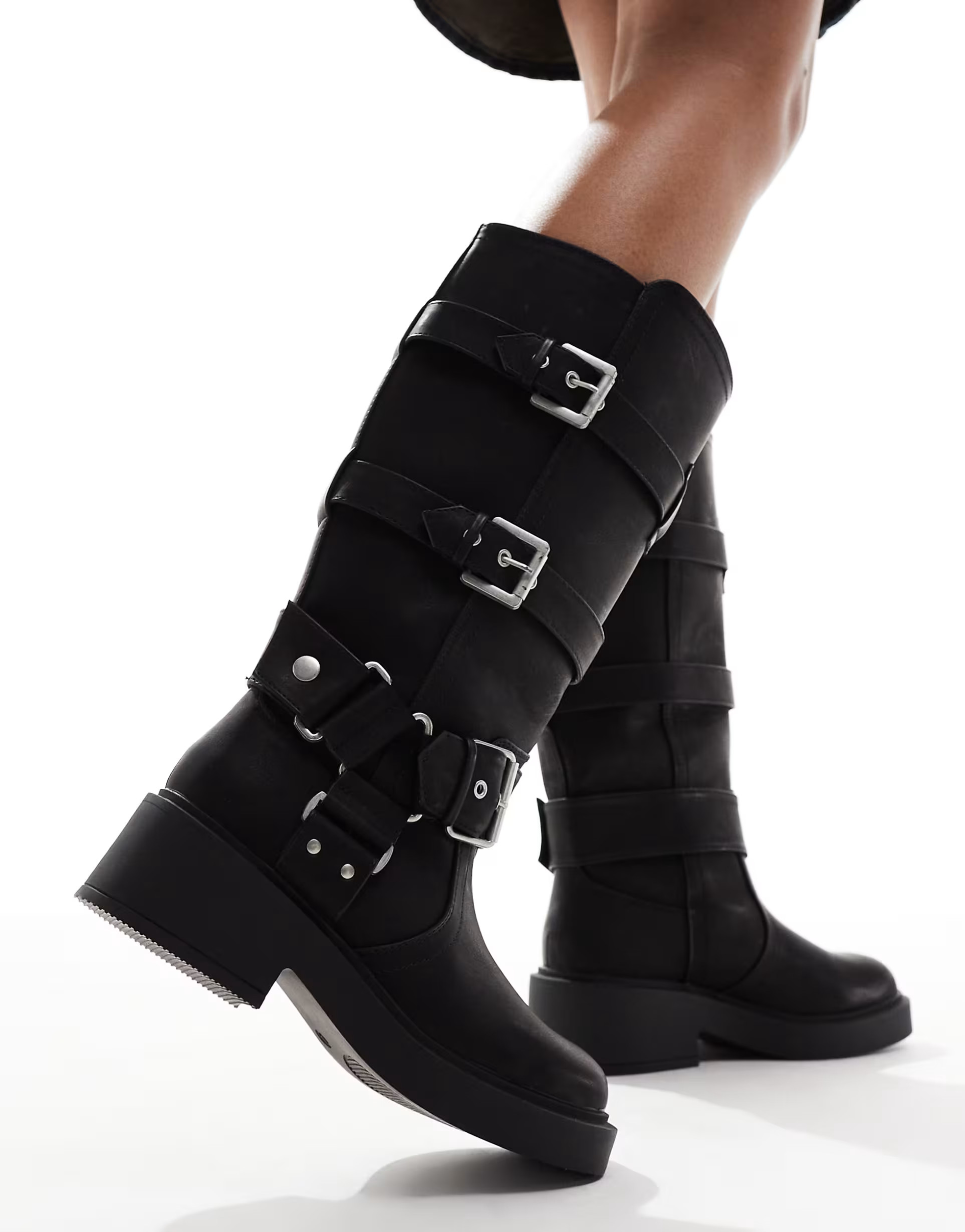 ASOS DESIGN Captain multi-buckle biker knee boots in black | ASOS (Global)