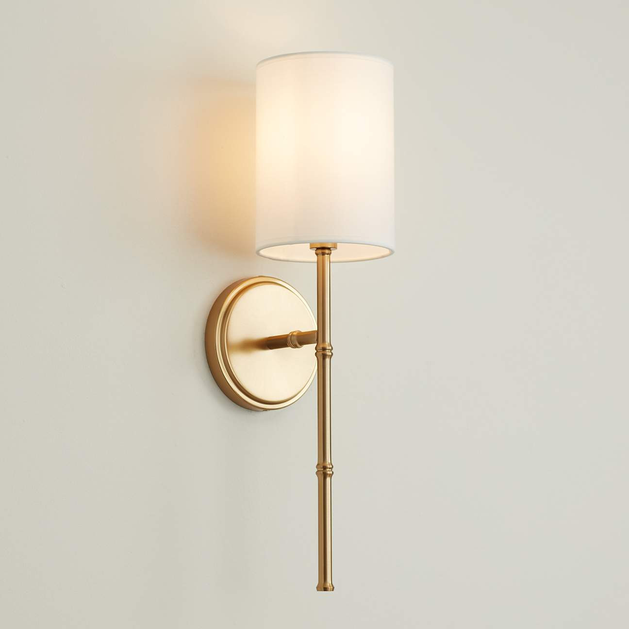 Abigale 19 1/4" High Brass and White Fabric Shade Wall Sconce | Lamps Plus