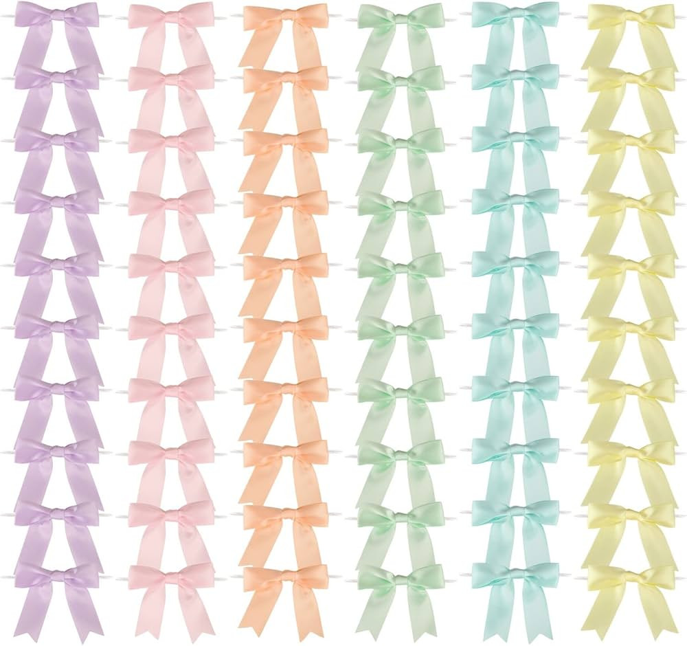 Meseey 60 Pcs Pastel Rainbow Satin Ribbon Bows with Twist Tie 2.5 Inch Pretied Premade Colored Cr... | Amazon (US)