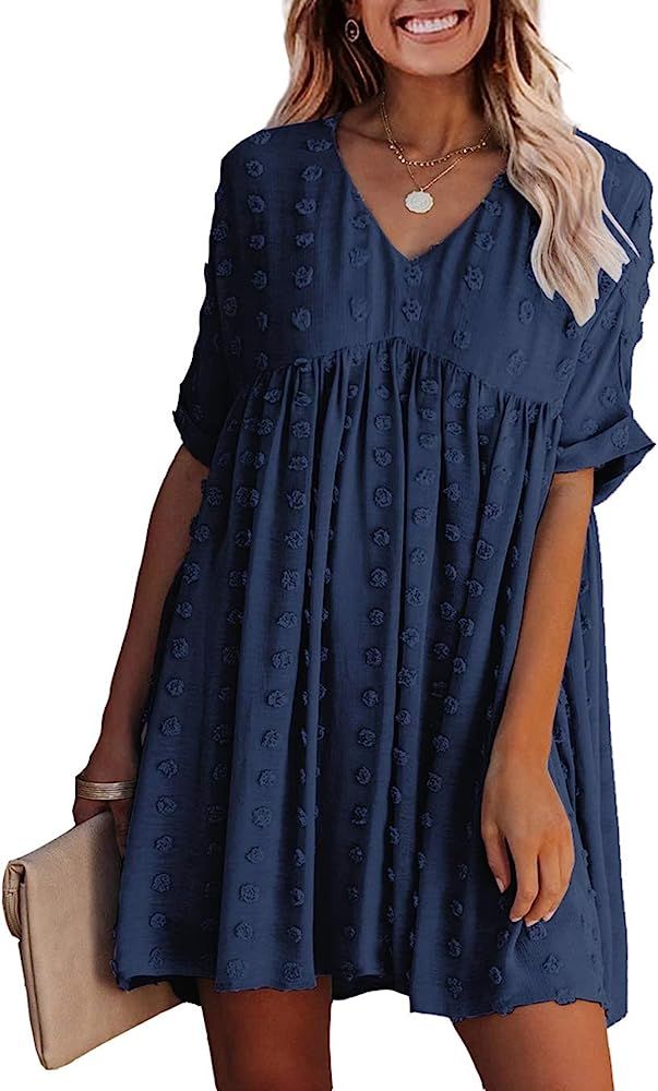 KIRUNDO Summer Women’s Short Sleeves Mini Dress Sexy V Neck Flowy Casual Dress Swiss Dot Short Loose | Amazon (US)