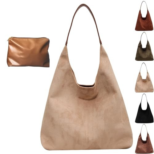 Leather Hobo Bags for Women, Suede Purse Slouchy Tote Bag, Brown Leather Purse, Suede Hobo Shoulder Bag (Beige) | Amazon (US)