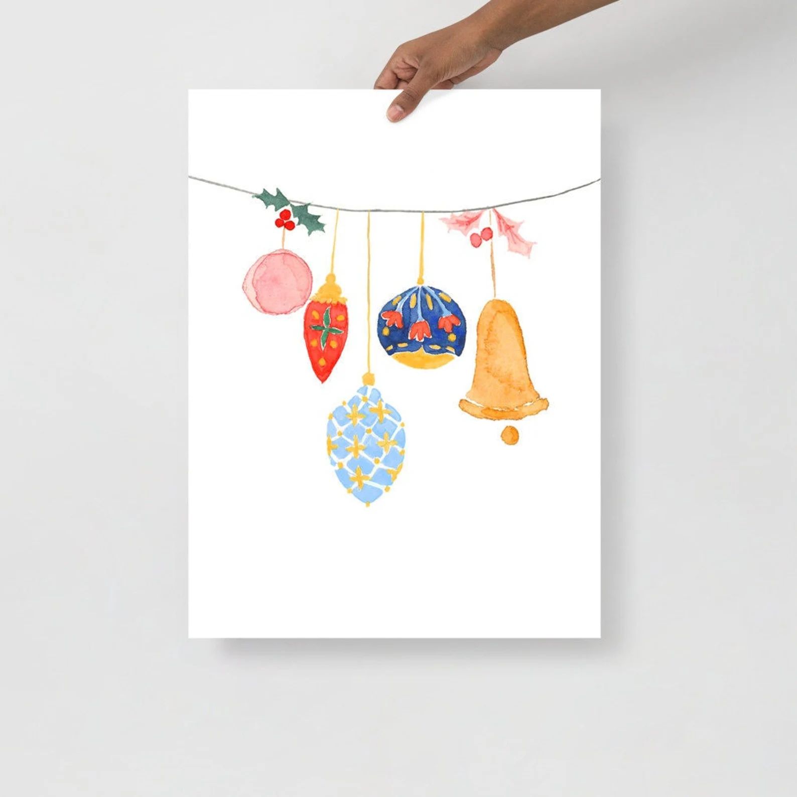 Christmas Ornaments Strung on a Wire Watercolor Art Print | Etsy (US)