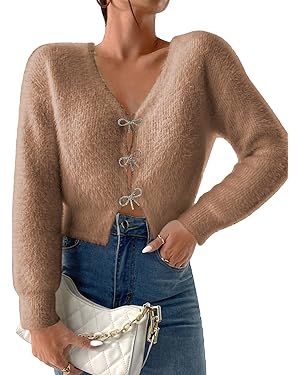 Verdusa Women's Rhinestone Bow Fluffy Long Sleeve V Neck Crop Cardigan Sweater | Amazon (US)