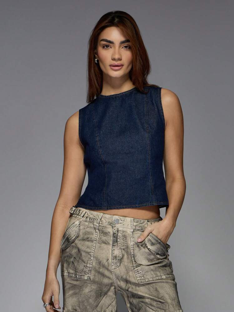 MISSGUIDED Open Back Sleeveless Denim Top With Bow Tie Detail Casual Summer Crop Tank Top Fashion Forward Design Jean Vest Style Statement | SHEIN