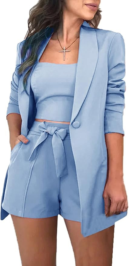 3 Piece Blazer Sets for Women Open Front Button Blazer + Crop Tops + Shorts Bottoms with Belt Bus... | Amazon (US)