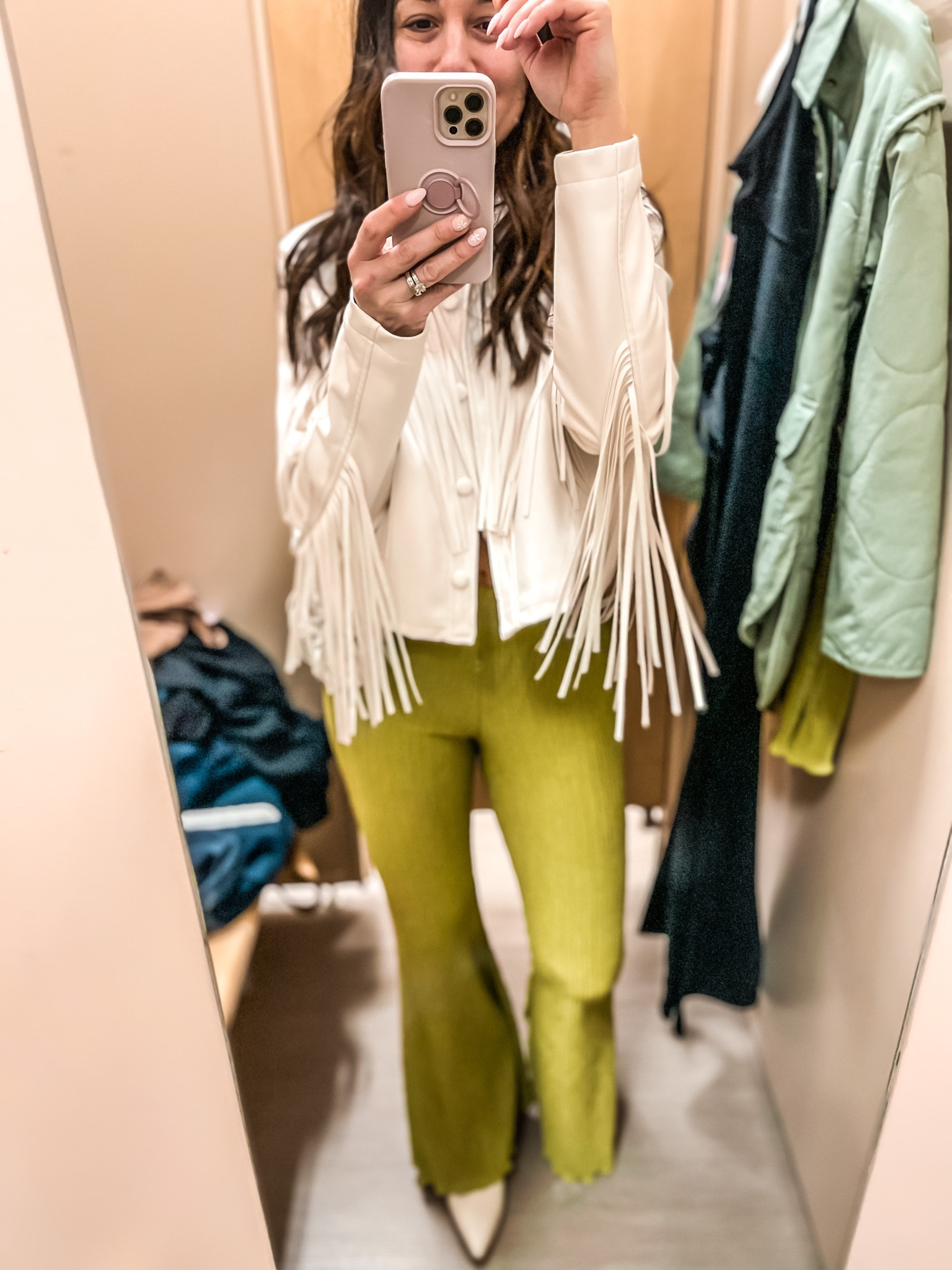 St Patrick’s day ☘️ 
- fringe jacket country concert (m)
- green flare pants ( mid rise tts) 
- ivory low cowboy boot (tts )
#ltkfind

#LTKunder50 #LTKFestival #LTKunder100