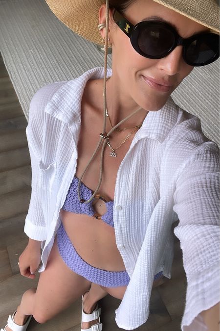 SWIM \ Memorial Day weekend fun in the sun outfit! My fave new purple swim suit, swim coverup from Target, sunnies from Amazon, gold jewels and white birks!☀️☀️

Vacation
Summer fit 
Resort 

#LTKSeasonal #LTKSwim #LTKStyleTip